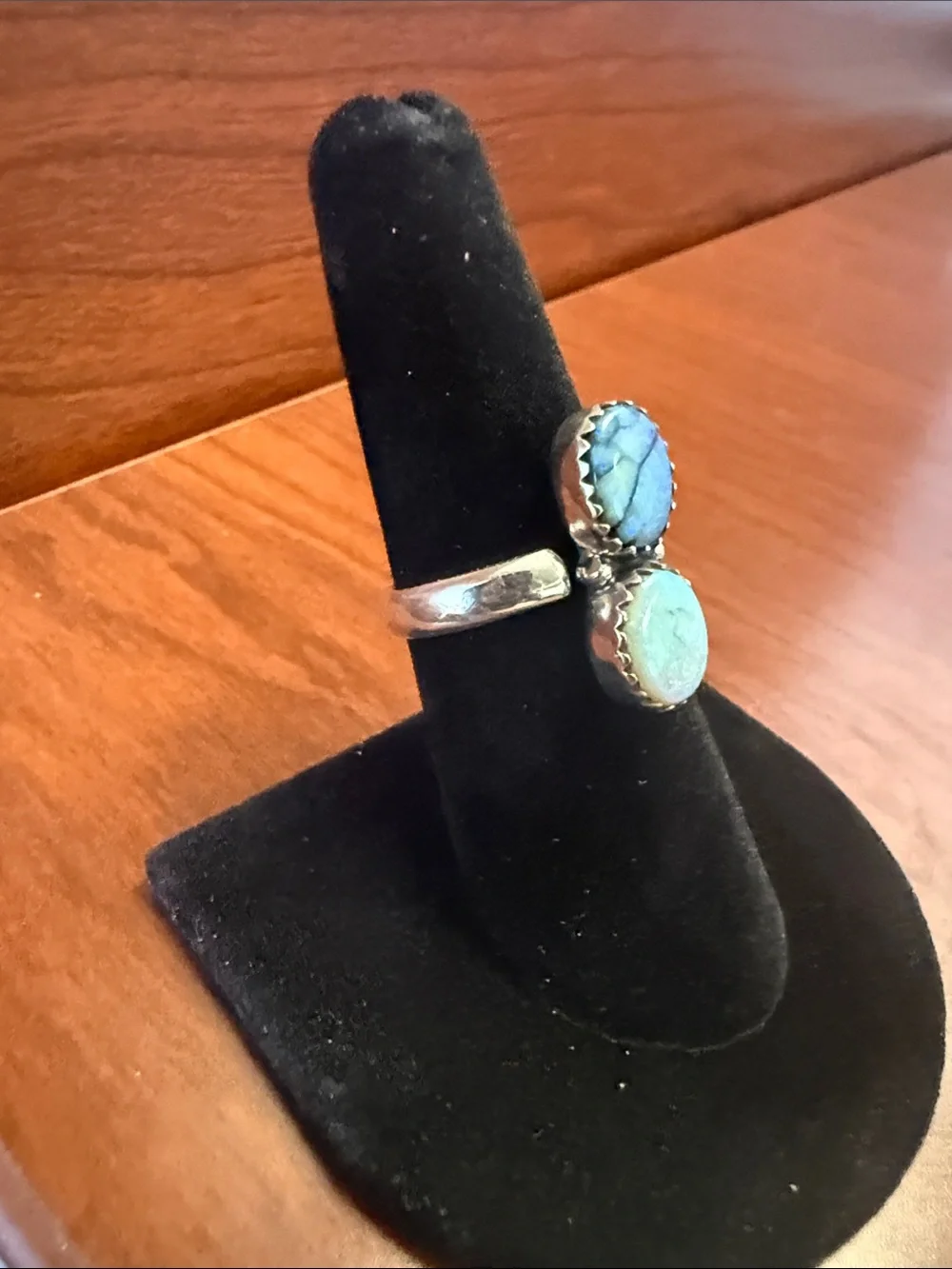 New 925 Sterling Silver Double Oval Green Spider Web Opal Ring Adjustable 4-6.5